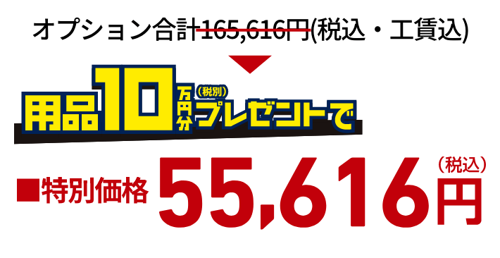 オプション合計165,616円（税込・工賃込）が用品10万円分（税別）プレゼントで特別価格55,616円（税込）！