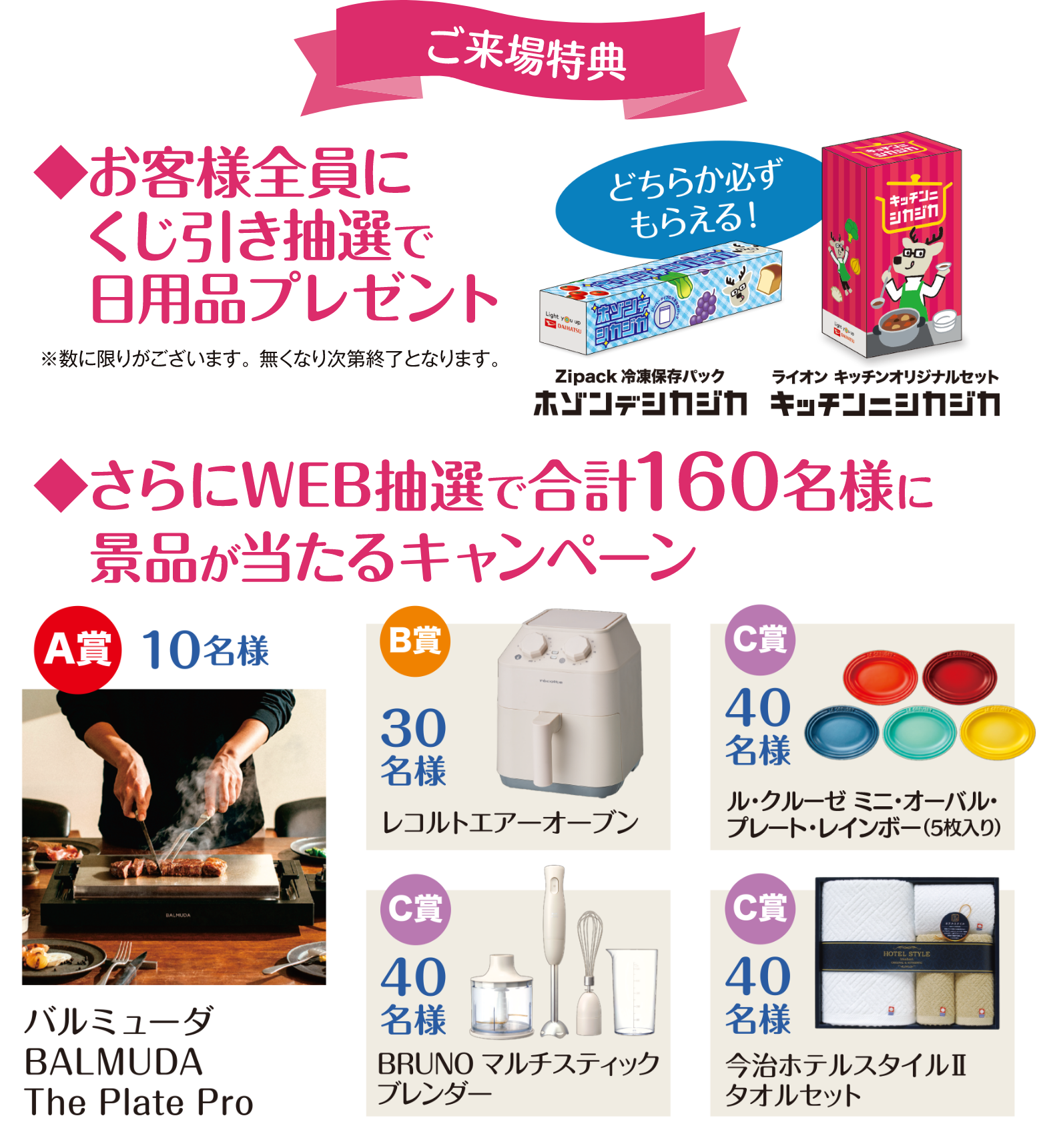 ご来場特典　お客様全員にくじ引き抽選で日用品プレゼント。さらにWEB抽選で合計160名様に景品が当たるキャンペーン